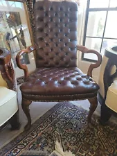 2 x Chesterfield Chairs ~ Brown Leather Tufted Tall Wingback Chairs