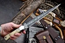 CFK Handmade Damascus Custom CAMEL BONE Arkansas Toothpick Dagger Hunting Knife