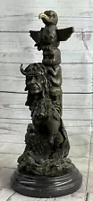 SIGNED Real NATIVE AMERICAN INDIAN WOLF BRONZE SCULPTURE ART MARBLE SALE