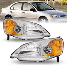 For 2001 2002 2003 Honda Civic Chrome Headlights Assembly Amber Corner Lamps Set