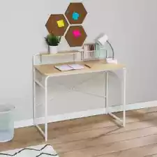 White/Natural Home Office Desk with Shelf and Basket