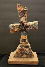 Wooden Standing Cross Handmade Embellished W/ Colored Stones Beads 15"x 8 1/4"