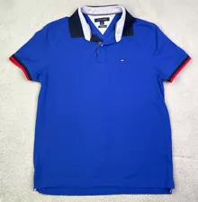 Tommy Hilfiger Shirt Adult Sz Medium Blue Polo Pop Collar Logo Spelled Out