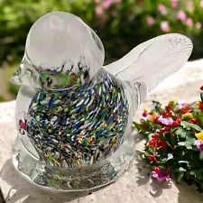 Gler I Bergvík Studio Art Glass Paperweight Confetti Swirl Encased In Clear Bird