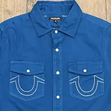 True Religion Mens Medium Blue Horseshoe Button Up Shirt MSRP $89 NWT #107689