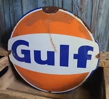 Large Vintage GULF Service Station Oil Gas Pump Plate Porcelain Metal Domed Sign