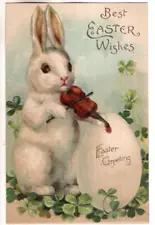 ANTIQUE EMBOSSED EASTER Postcard WHITE BUNNY PLAYING VIOLIN, FOUR LEAF CLOVERS