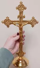 Solid Brass Budded Cross Standing Textured Altar Crucifix for Church 12.5 In