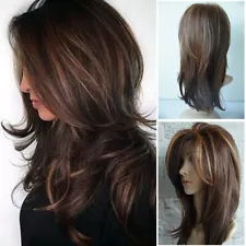 Women Dark Brown w/Gold Highlight Ombre Shoulder Length Wig Synthetic Curly Hair