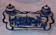 Vintage Inkwell 5-piece Set Victoria Ware Ironstone Style Blue And White