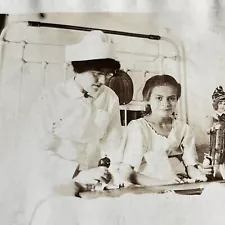 SAD - Antique Photograph Little Girl in Hospital Bed Nurse & Toys 1910s Z1