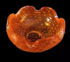 VTG MID-CENTURY MODERN MURANO ITALY ART GLASS CONTROLLED BUBBLES ORANGE ASHTRAY