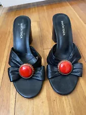 Ramon Tenza Genuine Leather Jeweled Heeled Sandals Slip On Sz 6.5 M Black Red