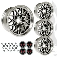 19x9.5" Black Snowflake Wheels Pontiac Trans Am Firebird w/Centercaps & Lug Nuts