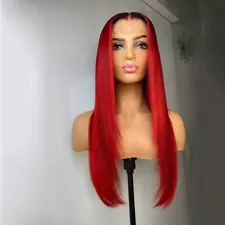 Red black root T Lace Front Wig Heat Resistant Synthetic Hair Long Straight