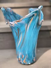 Stunning Blue Murano Glass Vase Speckled Wave/Splash Unique Bizarre Italy