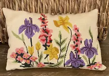 VTG Handmade Needlepoint Pillow Floral Daffodil Iris Flower Cottage Decor 15x10"