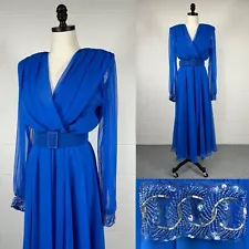 Vintage 80s Sheer Blue Chiffon Cocktail Surplice Dress Beaded Balloon Sleeves 12