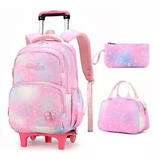 LANSHIYA 3Pcs Rolling Backpack for Girls Dream Princess Wind Bookbag with Whe...