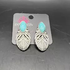 Paparazzi Jewelry Rural Roadrunner Earring Silver Feather Turquoise Boho Western