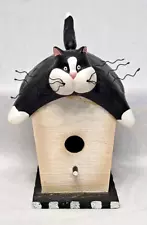 Black & White "Ready for Lunch" Cat Bird House Hand Made Wood Ceramic 10x8"