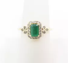 LeVian 14K Yellow Gold Emerald Cut Emerald & ~1/5CTW Diamond Halo Ring Size 8