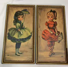 (2) 1960's MAIO Prints in Frames Little Girl Big Eyes Green Orange Parasol 16x8