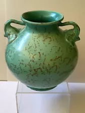 1930’ Rumrill / Redwing Pottery Vase w/Elephant Head Handles Green Mottled Glaze