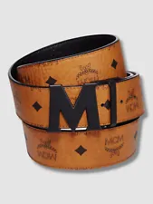 $295 MCM Men's Brown Black Reversible Monogram Logo Buckle Leather Belt OS