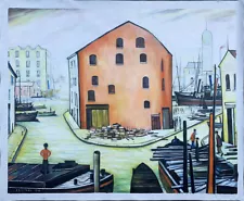 L. S. Lowry Style Hand Painted Oil Paintings - 48X40 Canal Scene Near Accrington