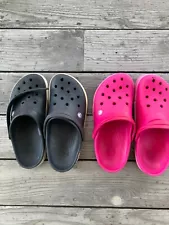 Lot of 2 Pair Unisex Crocs Men's 9 Women's 11 Black & Pink Machine Cleaned Used