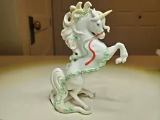 Vintage Enesco Rearing Porcelain Unicorn Figurine Christmas Holiday Holly 7"