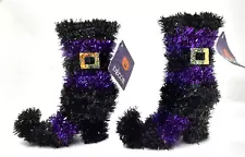 Halloween Decor Pair of Purple Tinsel Witches Boots Shoes Shelf Decor NEW