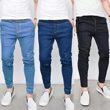 Mens Skinny Trousers Cuffed Joggers Jeans Elastic Slimming Bottoms Denim Pants