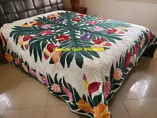 Hawaiian Quilt BEDSPREAD 100% hand quilted/hand appliqué 2 shams Tropical