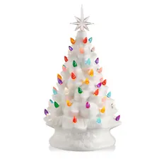 15" Pre-Lit Hand Painted White Ceramic Christmas Tree Tabletop Decor with Lights