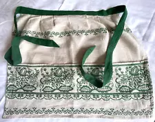 Vintage folksy beige and green linen blend kitchen half apron with pockets