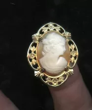 OLD CAMEO BROOCH PIN: GENUINE, HAND CARVED 1/20-12K G.F., ORIGINAL BOX