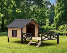 Outdoor Large Wooden Cabin House Dog Pet Kennel with Porch Easy To Assemble