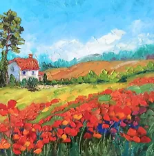 Original Oil Painting Poppies and California Landscape Impasto Artwork 30x30 cm