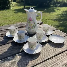 Antique Germany Floral Chocolate Pot Set W/5 Cups, 6 Saucers, & Lidded Pot Read