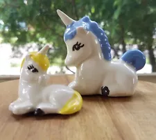 Set of 2 Vintage Unicorn Figurines White w/ Blue & Yellow Manes