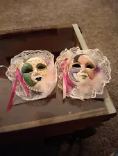 Vintage Pair of Ceramic Masks - Painted Mardi Gras Wall Hanging With Feathers