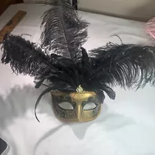 Venetian Mardi Gras Masquerade Ball Mask Gold w/ Black Feathers Halloween