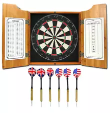 Darts Vintage All American Solid Pine Dart Board and Cabinet Dartboard Set Steel