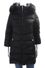 Add Down Womens Raccoon Fur Trim Hooded Puffer Coat Black Size 2