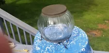 Antique Hoosier Cabinet Zipper Pattern Glass Ball Flour Canister Jar Lid & Stand