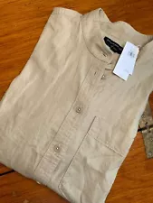 NWT Banana Republic Shirt Mens Large Beige Linen Blend Band Collar Button Up $75