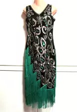 Roaring 20's Costume- Green Fringe Silver Sequin Black Gatsby Flapper Dress - S