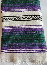 Serape Falsa Mexican Blanket Striped White Green Purple Woven Cotton Fringed